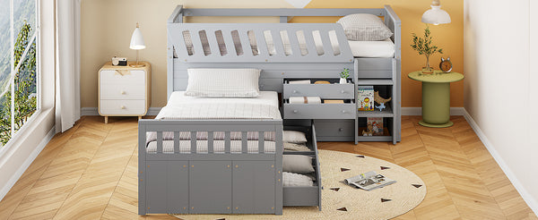English Elm L-shaped Twin Loft Platform Bed with 7 Drawers Full Guardrails Kids White Pine LT000853AAE