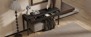 English Elm U_style Oak Veneer Console Table with Three Wave Drawers for Entryway or Foyer Black N711P401926B