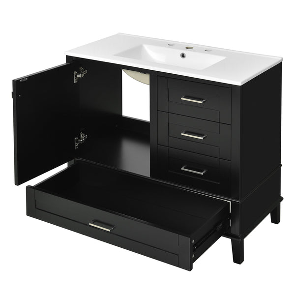 English Elm 36" Black Bathroom Vanity Solid Pine Frame with Soft-Close Door, 3 Drawers, Ceramic Top, Modern Storage Appeal N729P211167B