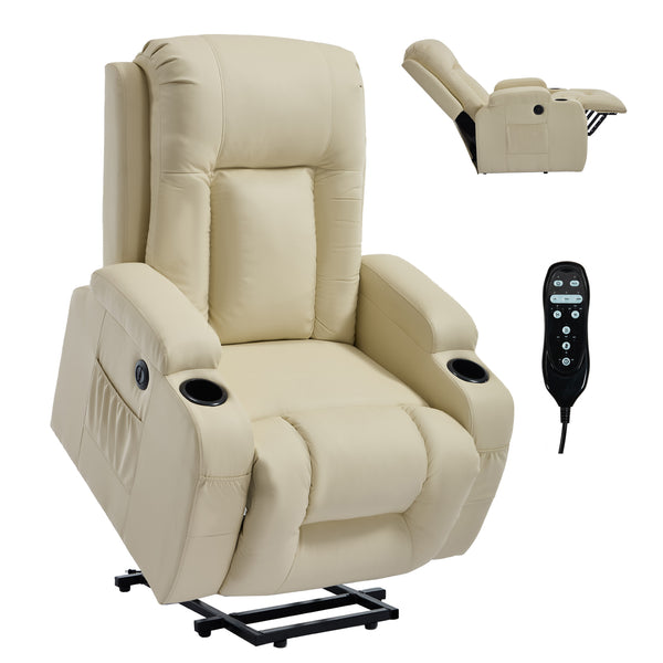 English Elm Beige Pu Leather Power Lift Recliner with Massage Lumbar Heat and Usb Charging Beige W1803S00085
