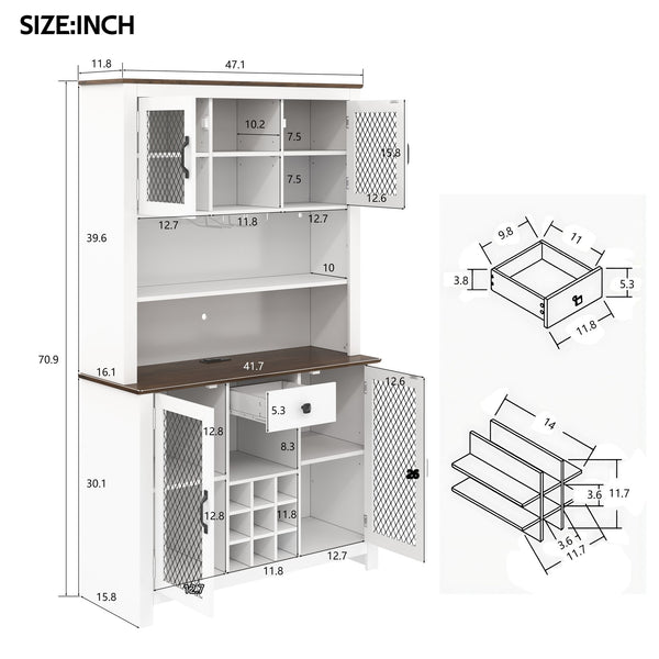 English Elm 70.9" Farmhouse Hutch Pantry with Led Lighting Wine Rack Mesh Doors and Built-in Power White CH361426AAK