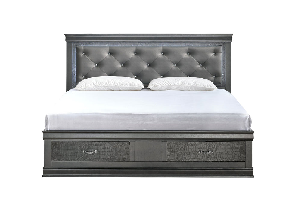 English Elm Lorana King Platform Bed with Led Lighting Tufted Faux Leather Glam Storage Frame Gray B078S00693