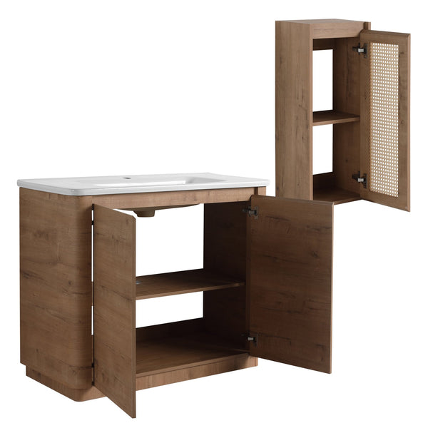 English Elm 40'' Freestanding Bathroom Vanity With Ceramic Sink, Soft-Close Doors & Side Cabinet For Stylish Storage W999S00404