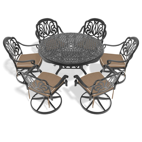 English Elm 7-Piece All-Weather Cast Aluminum Dining Set With 6 Swivel Chairs & Cushions For Ultimate Comfort W1710S00441