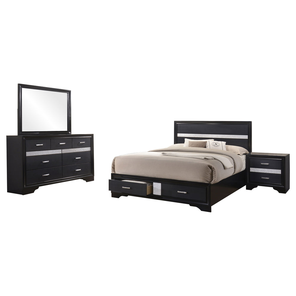 English Elm Corbin Queen Bedroom Set with Crystal Pulls Metallic Trim and Footboard Storage Drawers Black B062S00785