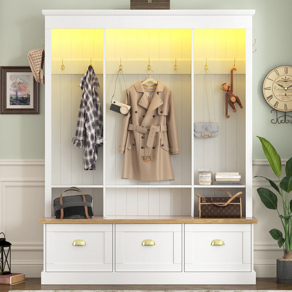 English Elm Farmhouse Hall Tree with Triple Arch Back Panel Eight Hooks Drawers and Entryway Bench White N721S000062K