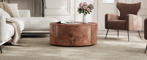 English Elm Burl Veneer Round Coffee Table Swivel Top Two Drawers Walnut Living Room N735P387206D