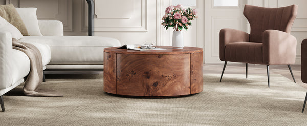 English Elm Burl Veneer Round Coffee Table Swivel Top Two Drawers Walnut Living Room N735P387206D