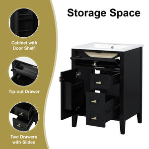English Elm "24'' 24 Inch Glossy Freestanding Bathroom Vanity with Gold Hardware and Soft Close Storage Black Rubberwood N725P448529B