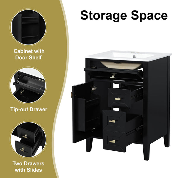 English Elm "24'' 24 Inch Glossy Freestanding Bathroom Vanity with Gold Hardware and Soft Close Storage Black Rubberwood N725P448529B