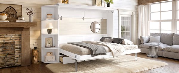 English Elm Queen Murphy Wall Bed with Side Cabinets Open Shelving and Drawers for Studio Rooms White W1580S00452