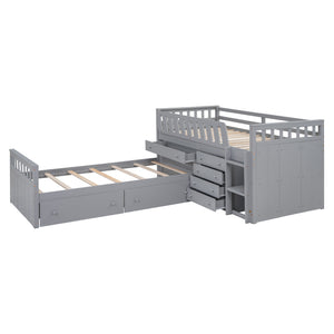 English Elm L-shaped Twin Loft Platform Bed with 7 Drawers Full Guardrails Kids White Pine LT000853AAE