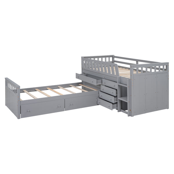 English Elm L-shaped Twin Loft Platform Bed with 7 Drawers Full Guardrails Kids White Pine LT000853AAE