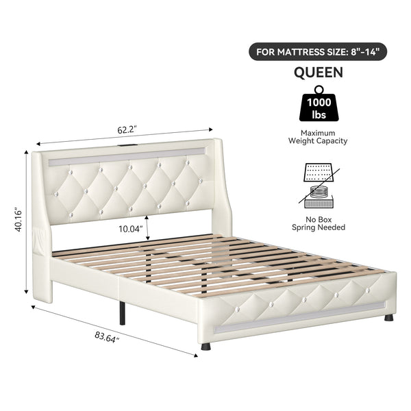 English Elm Queen Smart Bed Frame with Headboard, RGB LED Ambience, Built‑in Charging Ports, Sturdy Slats and Silent Design White T3825P387483