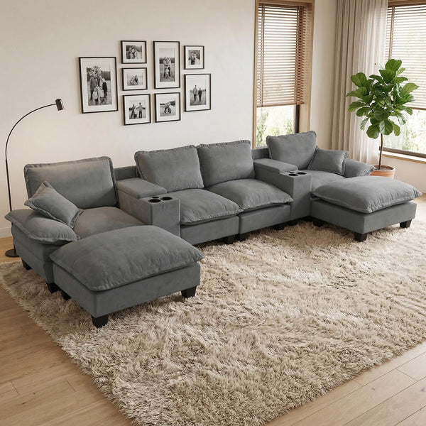 English Elm Modular U-shaped Chenille Sectional Sofa with Storage Consoles Usb Charging and Ottomans Grey W3163S00126
