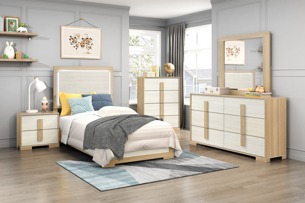 English Elm Contemporary LED Panel Queen Bed with Integrated Lighting, Sleek Wooden Frame and Modern Headboard Design Natural,White 45.75 L x 30.75 W x 5.75 H B011S01706