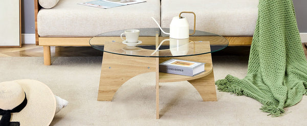 English Elm Round Tempered Glass Coffee Table with Fan Pedestal Base for Modern Living Rooms Natural Wood,Transparent W1151P256001