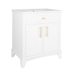 English Elm 27.8" Mid-century Freestanding Bathroom Vanity with Ceramic Sink Drawer and Wood Base White W1801S00004