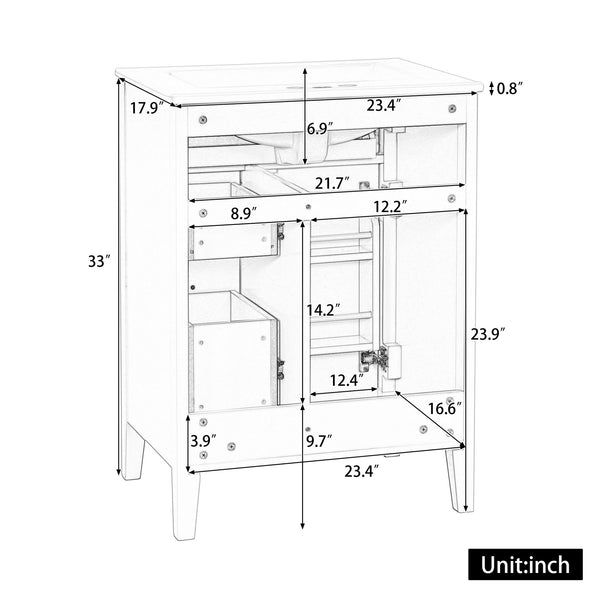 English Elm "24'' 24 Inch Glossy Freestanding Bathroom Vanity with Gold Hardware and Soft Close Storage Green Rubberwood N725P448529F