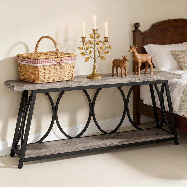 English Elm Hall Console Table Industrial Rustic Two Tier Wood Tone Metal Frame Entryway Sofa T3971P450421