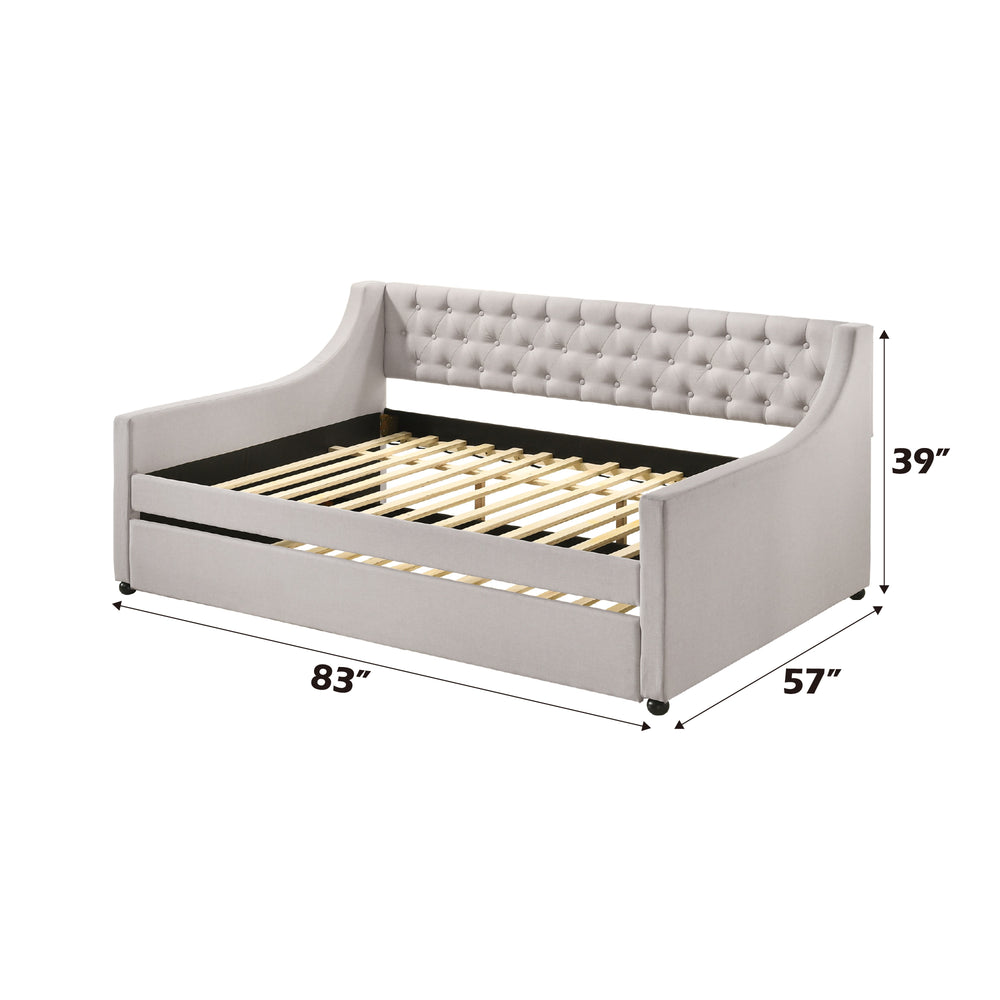 English Elm Lianna Upholstered Button-Tufted Full Daybed with Roll-Out Twin Trundle, Solid Wood Legs, Chic Design Fog 85 L x 17 W x 6 H B2726S00130