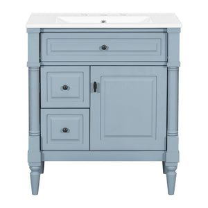 English Elm 30" Freestanding Bathroom Vanity Rubberwood Frame Ceramic Sink Flip Drawer Storage Blue+Grey N725P356062E