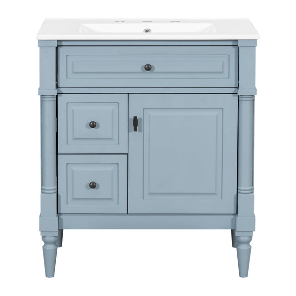 English Elm 30" Freestanding Bathroom Vanity Rubberwood Frame Ceramic Sink Flip Drawer Storage Blue+Grey N725P356062E