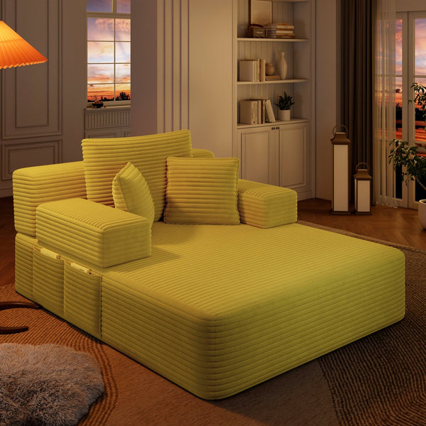 English Elm Luxurious Corduroy Frameless Chaise Sofa Bed with Spring Cushion and Storage Pocket Yellow W3219P496262