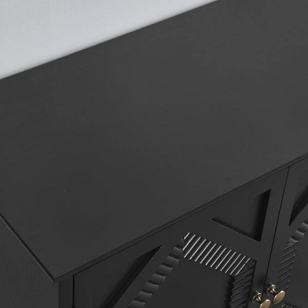 English Elm 65.2" Mid Century Sideboard Buffet with Fluted Geometric Doors, Spacious Adjustable Shelves & Brass Accents Black W1801P346229