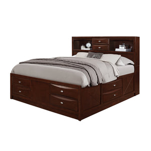 English Elm LUCILLE full bed with built-in bookcase headboard, 6 under-bed storage drawers, slatted base Merlot Queen B201S00274