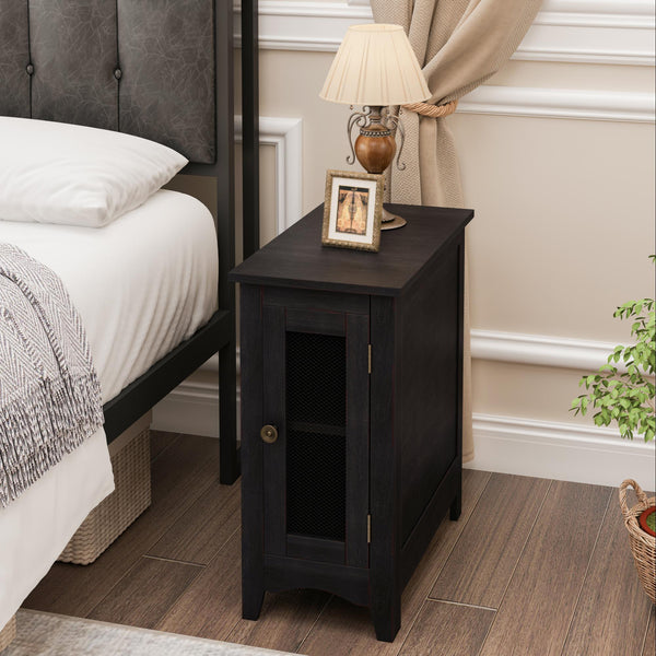 English Elm Rectangle Narrow End Table Washed Grey Veneer Mesh Door Industrial Farmhouse Accent Black W869P372490