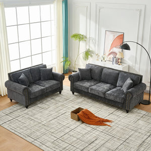 English Elm Modern Chenille 3+2 Seater Sofa with Rolled Arms, Velvet Touch, Nailhead Trim, Solid Wood Legs, Cozy Gray W3373S00021