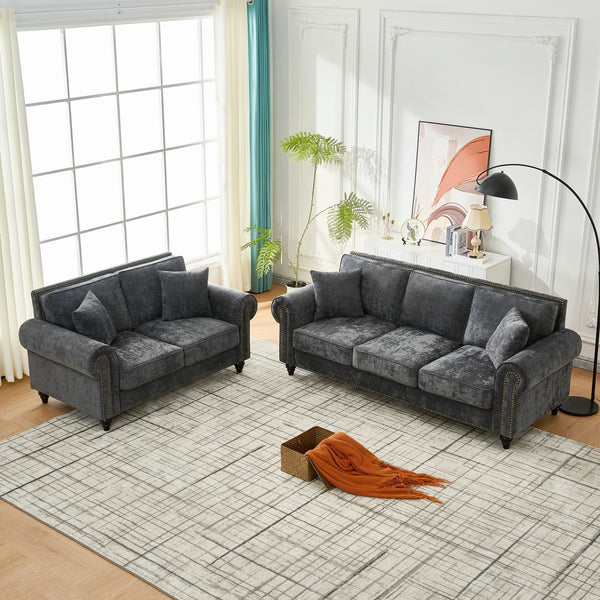 English Elm Modern Chenille 3+2 Seater Sofa with Rolled Arms, Velvet Touch, Nailhead Trim, Solid Wood Legs, Cozy Gray W3373S00021