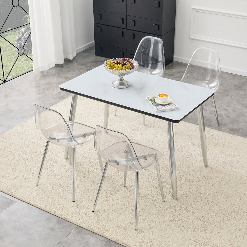 English Elm Table and Chair Set with Marble Glass Top Silver Legs Four Transparent Seats W1151S04648
