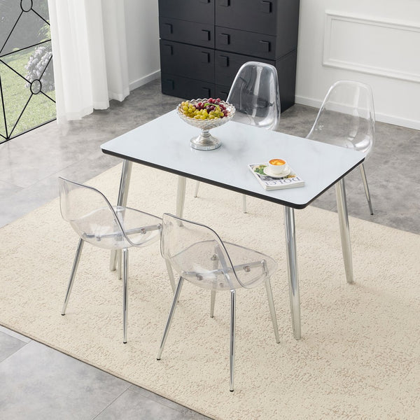 English Elm Table and Chair Set with Marble Glass Top Silver Legs Four Transparent Seats W1151S04648