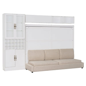 English Elm Queen Murphy Wall Bed Sofa with Open Shelving Usb Charging and Integrated Studio Lighting Gray,White LP100764AAK