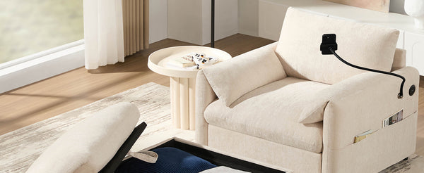 English Elm 37" Oversized Chenille Armchair with Ottoman Usb Charging Pocket Spring Living Room Beige N723P387145A