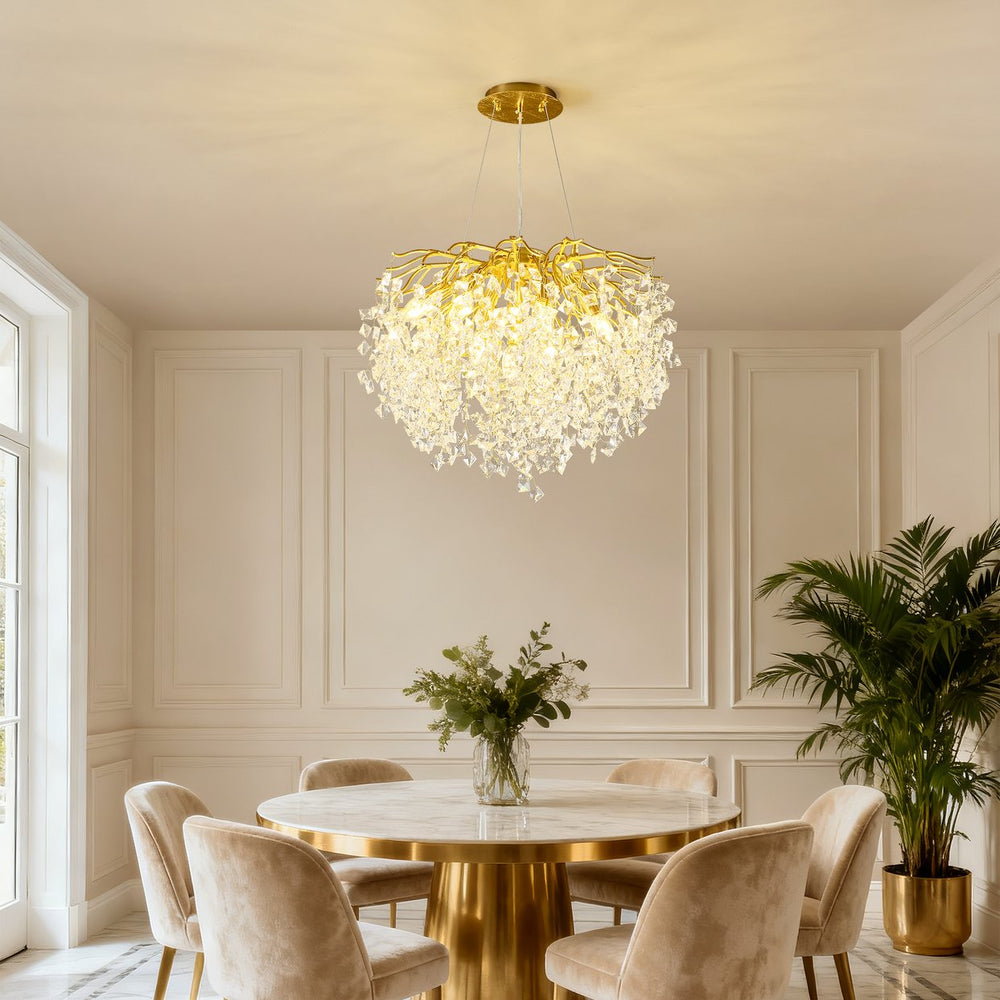 English Elm Modern Gold Branch Chandelier with Crystal Pendants for Dining and Living Rooms W5008P391089