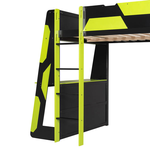 English Elm Full Size Gaming Loft Bed with Led Lighting Desk Shelves and Usb Charging Ports N820S00076F