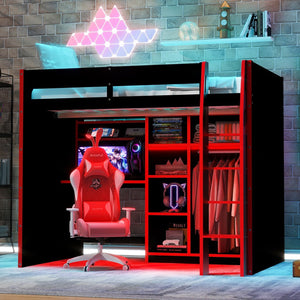 English Elm Full Size Loft Bed with Rgb Lighting Desk Open Wardrobe and Storage for Gaming Rooms Red LT000277AAR
