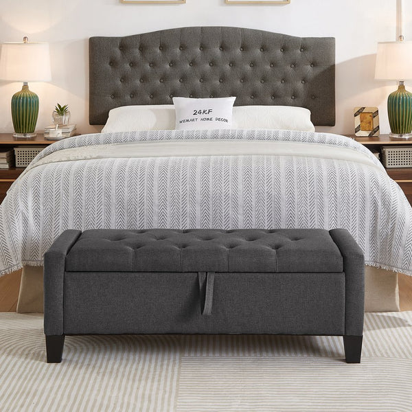 English Elm Ottoman Storage Bench Tufted Linen Upholstered Entryway Seat with Lift Top Shelf Dark Gray W2186P469998