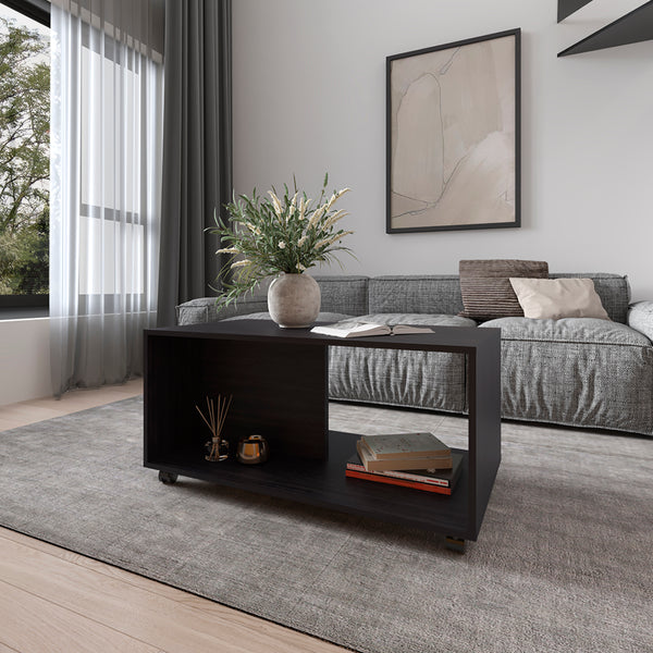 English Elm Western Grove Coffee Table in Black Engineered Wood with Open Shelf, Casters & Durable Finish B092P254739