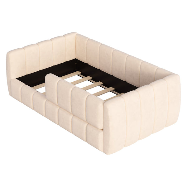 English Elm Upholstered Velvet Toddler Daybed with Removable Guardrails and Solid Slat Support Beige N899P452426A