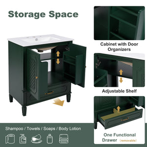 English Elm Christopher Knight Home® - 30" Bathroom Vanity with Sink Vintage Acacia Frame Ceramic Basin Soft-Close Doors & Storage Green N759P313313F
