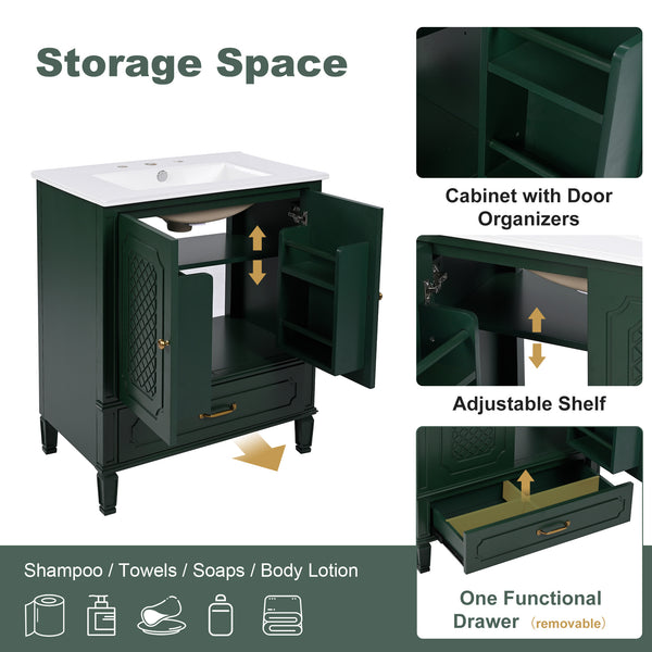 English Elm Christopher Knight Home® - 30" Bathroom Vanity with Sink Vintage Acacia Frame Ceramic Basin Soft-Close Doors & Storage Green N759P313313F
