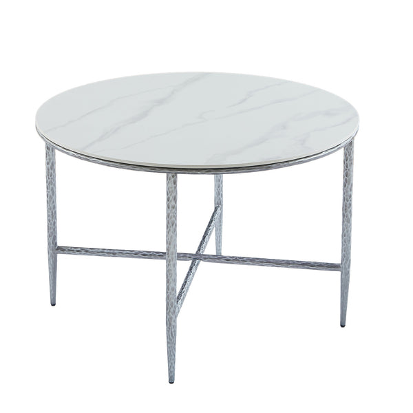 English Elm Sintered Stone Square Dining Table with Hand Hammered Iron X Base Artisan Craft Forged Pewter N771P400389Y
