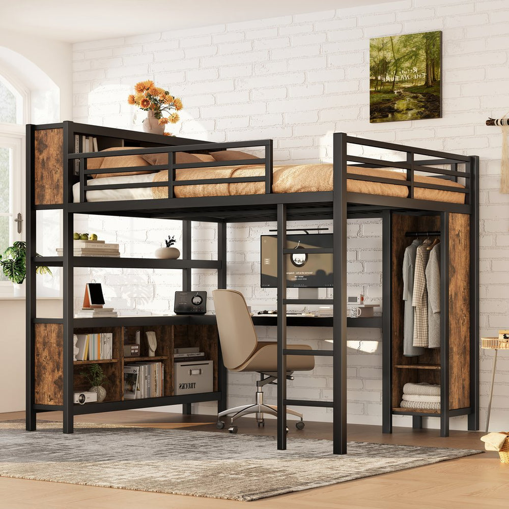 English Elm Metal Queen Loft Bed With L-Shaped Desk, Wardrobe, And Storage Cubes - Stylish Space Saver! W1580S00184