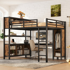English Elm Metal Queen Loft Bed With L-Shaped Desk, Wardrobe, And Storage Cubes - Stylish Space Saver! W1580S00184
