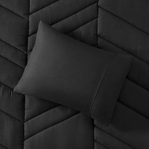 JLA Home Intelligent Design - Quilted Remy Chevron Comforter Set with Hypoallergenic 350gsm Fill, OEKO-TEX Certified, Machine Washable Black ID10-2295