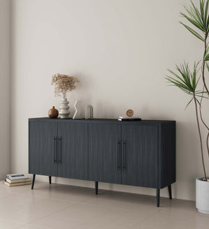 English Elm Jodie 65" Fluted Sideboard with Ribbed Doors, 8 Hidden Shelves, Soft-Close, Metal Legs, Modern Appeal Charcoal grey B365P397665